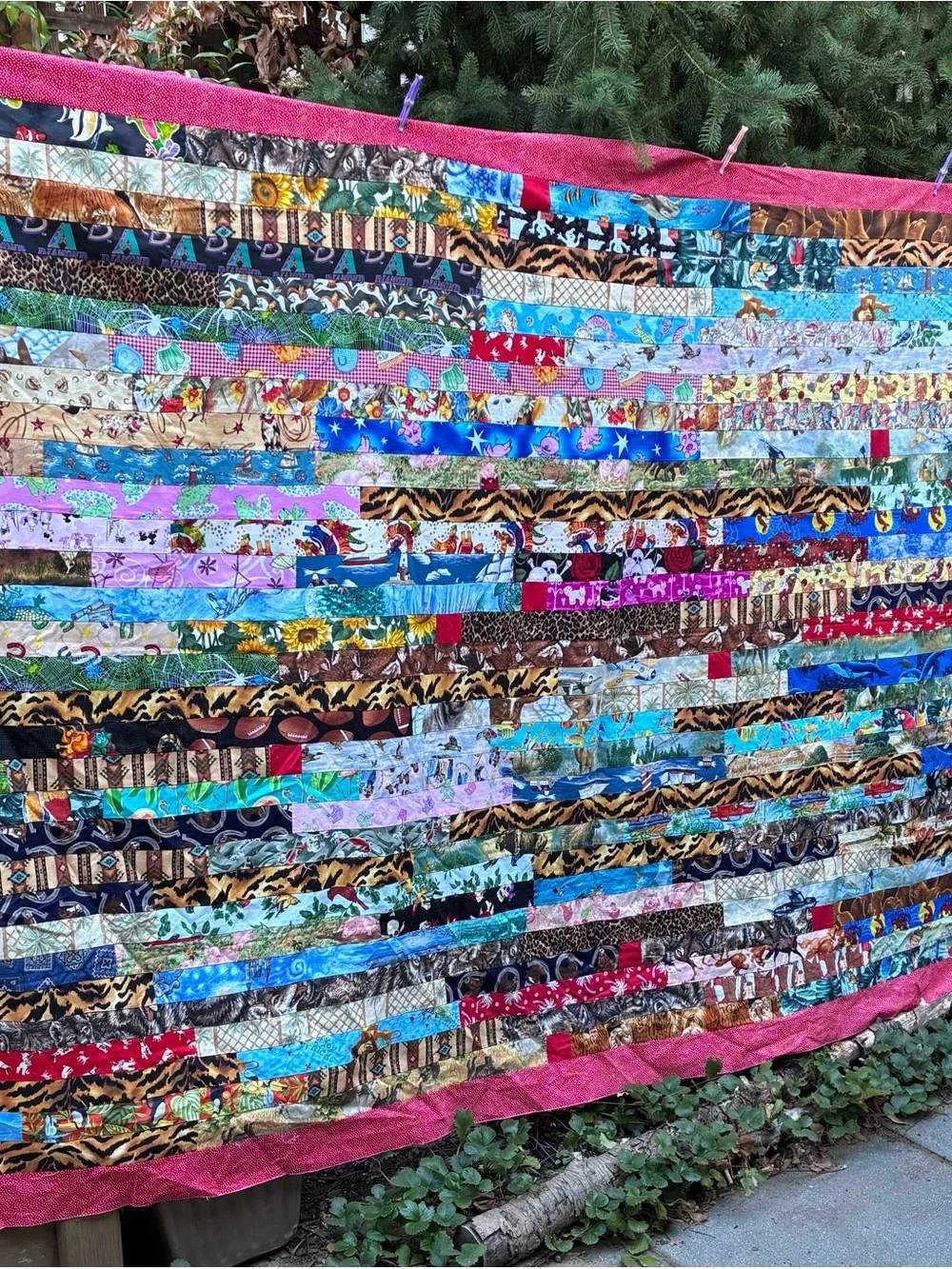 Handmade fabric strip quilt top 64” x 102”